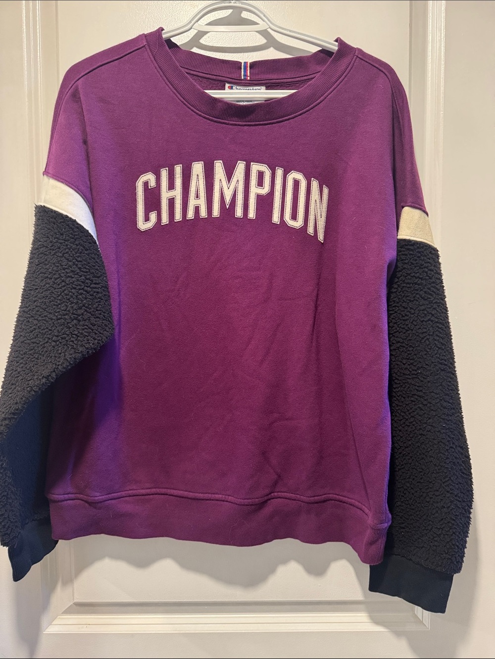 Champion Purple Crewneck Sweatshirt with Black Sherpa Sleeves